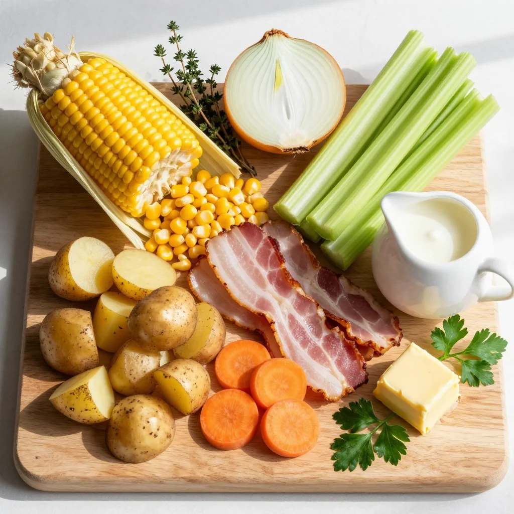All ingredients for Corn Chowder with Bacon and Potatoes