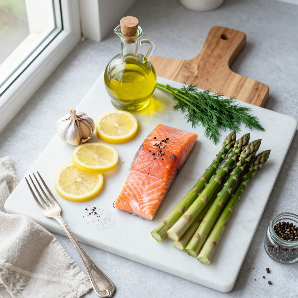 All ingredients laid out for Lemon Garlic Salmon with Asparagus
