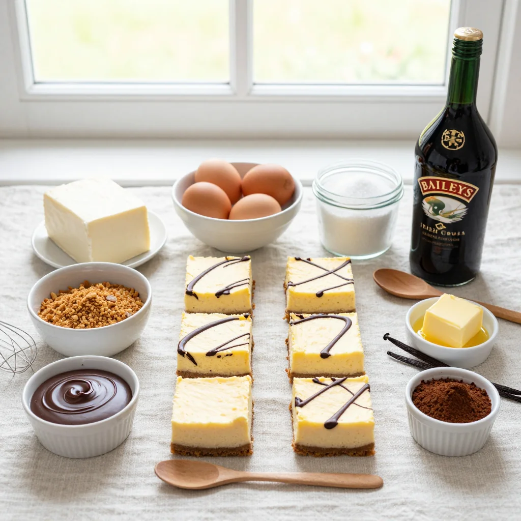 All ingredients for Baileys Cheesecake Bars with Chocolate Swirl