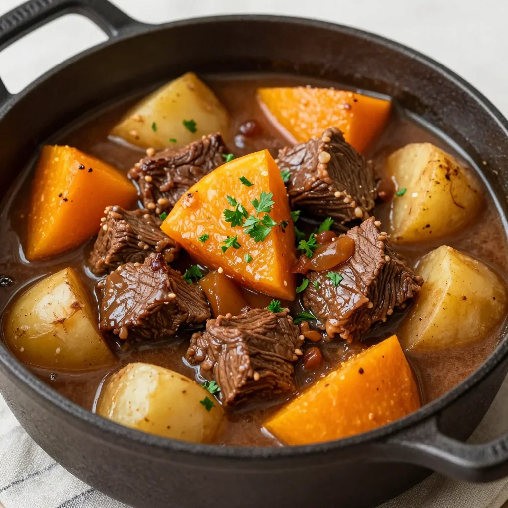 batch cook beef stew with potatoes and winter squash for family meals