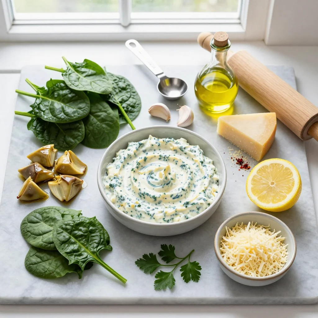 All ingredients for Spinach Artichoke Dip Crockpot Appetizer
