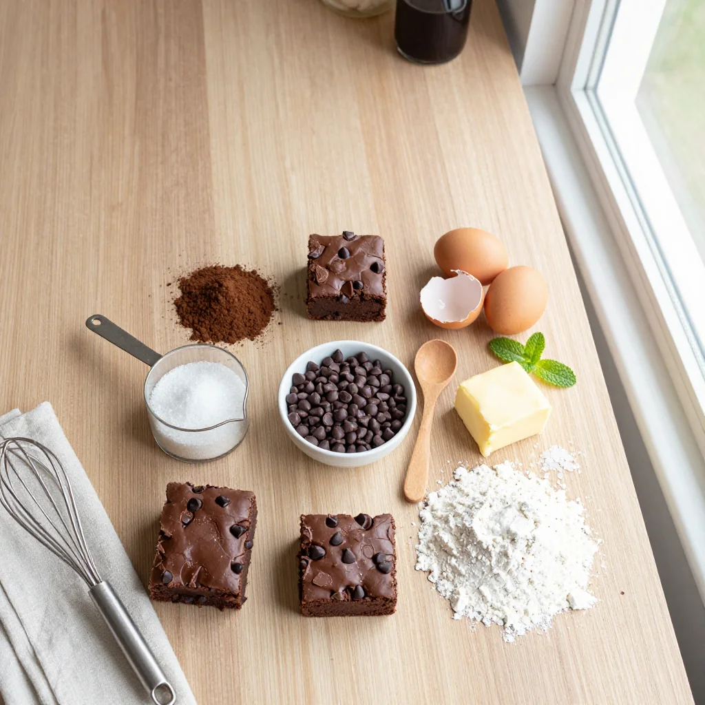 All ingredients for Chocolate Fudge Brownies with Chocolate Chips