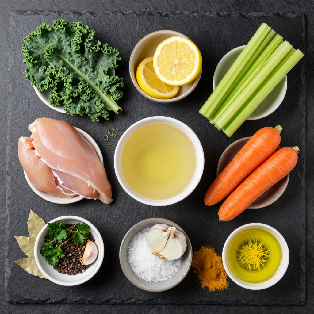 Fresh ingredients for healthy lemon and kale chicken soup