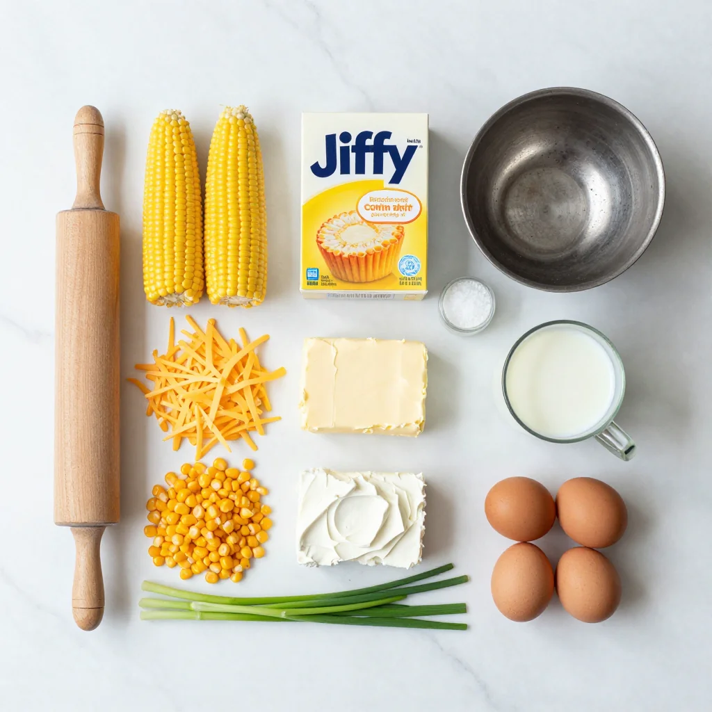 All ingredients laid out for Corn Casserole with Cream Cheese Jiffy
