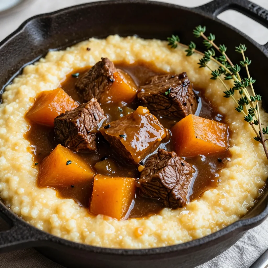 slow cooker beef and winter squash stew with fresh thyme for cold nights