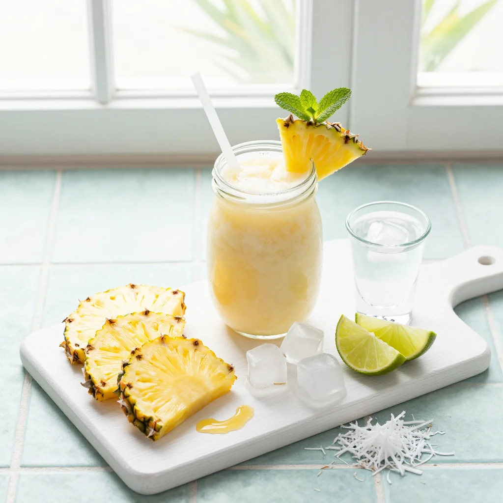 All ingredients laid out for Virgin Pina Colada Frozen