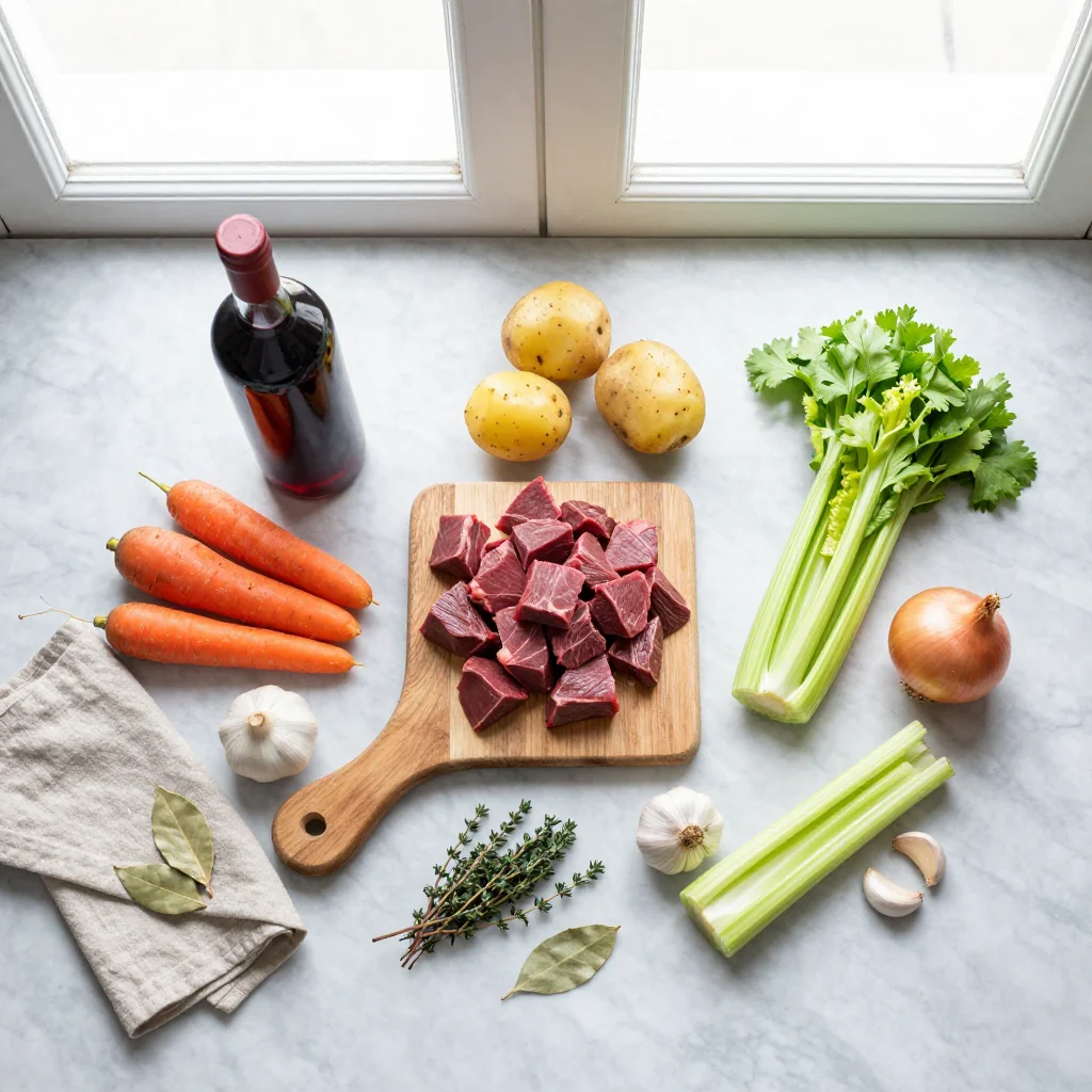 All ingredients laid out for Beef Stew with Potatoes