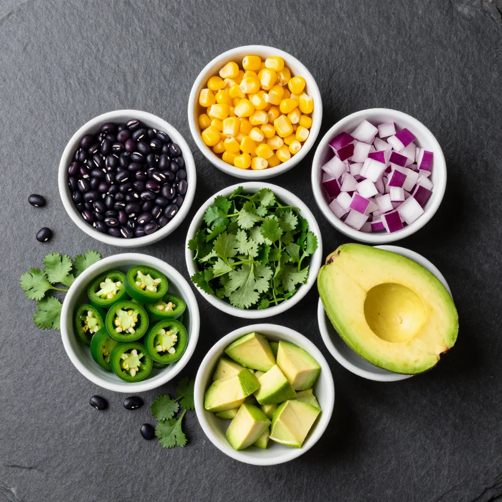 Colorful array of black-eyed peas, corn, peppers, limes and cilantro on a wooden board