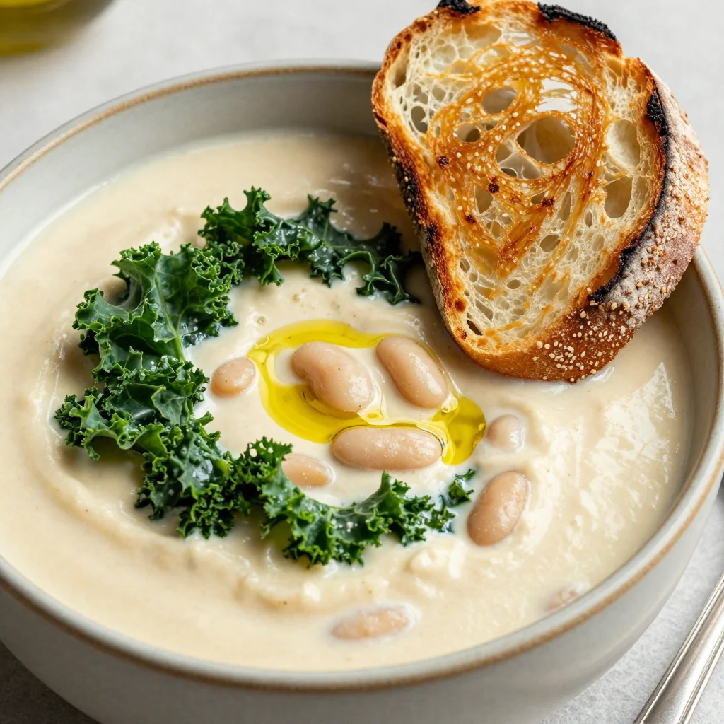 Creamy Roasted Garlic and White Bean Soup with Kale