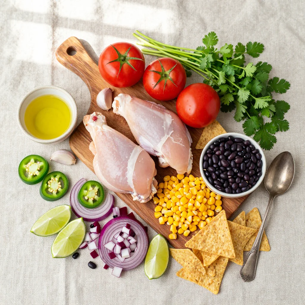 All ingredients for Chicken Tortilla Soup neatly arranged on a kitchen counter