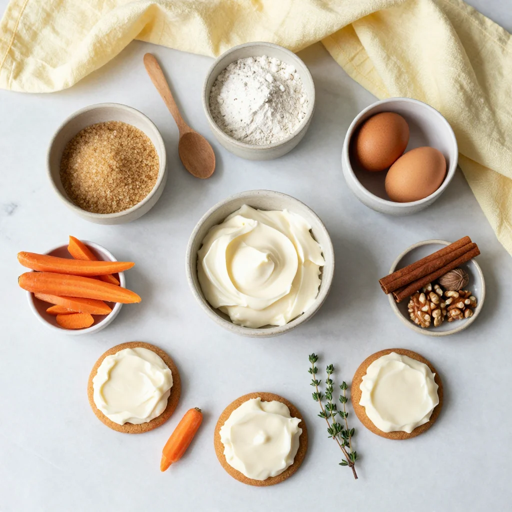 All ingredients for Carrot Cake Cookies with Frosting neatly arranged on a wooden board