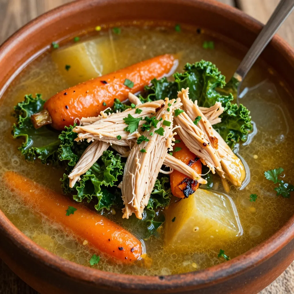 healthy onepot chicken soup with kale and roasted root vegetables