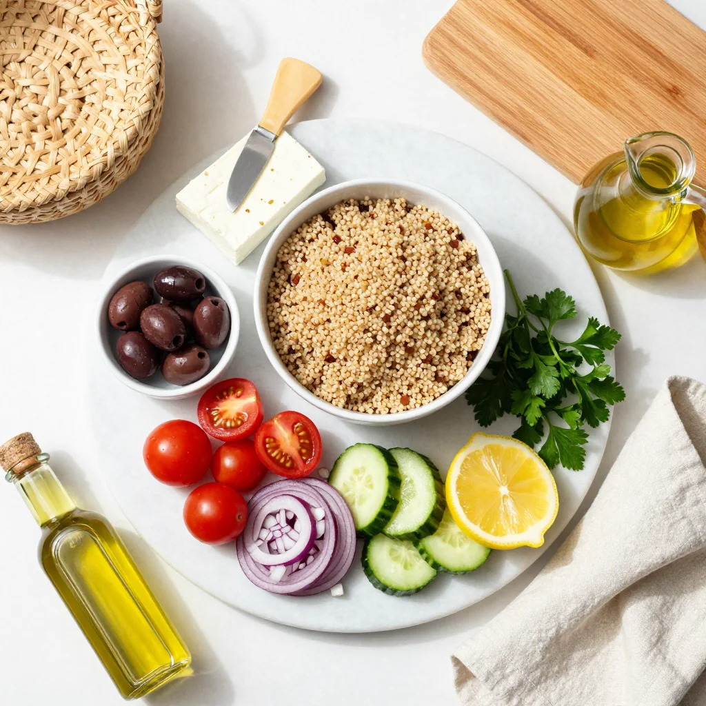 All ingredients for Mediterranean Quinoa Salad with Feta and Olives