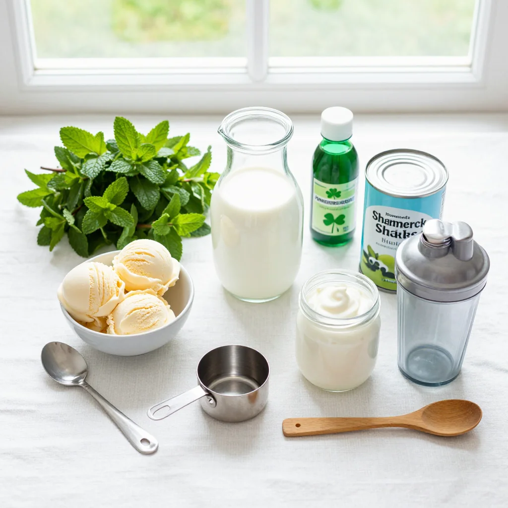 All ingredients for Homemade Shamrock Shakes with Mint and Whipped Cream
