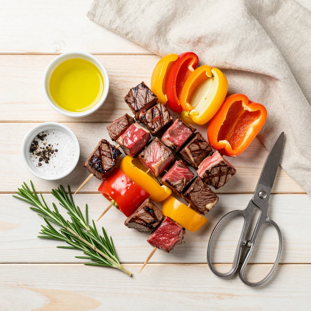 All ingredients for Grilled Steak Kebabs with Peppers and Onions