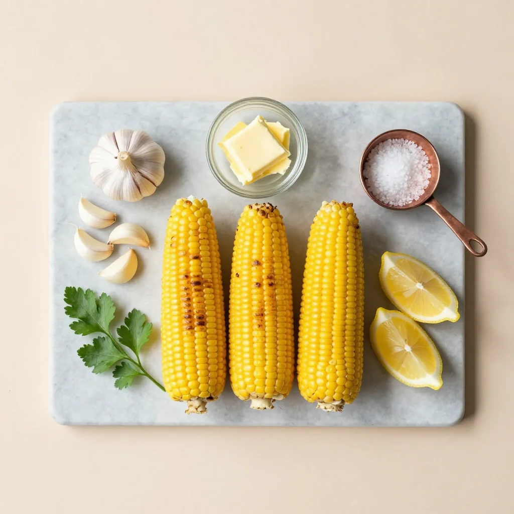 All ingredients for Grilled Corn with Garlic Butter neatly arranged on a wooden board