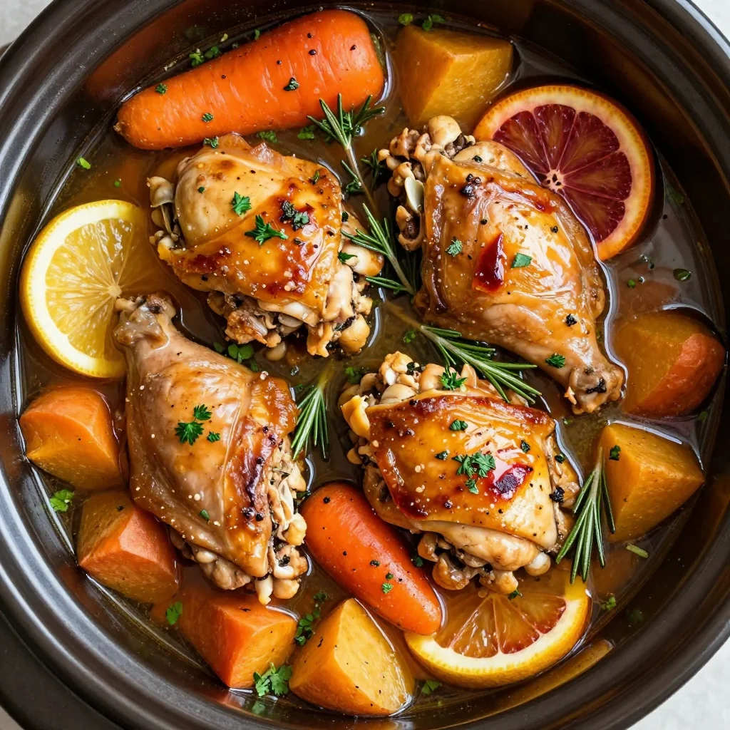easy slow cooker chicken and root vegetable stew with citrus and herbs