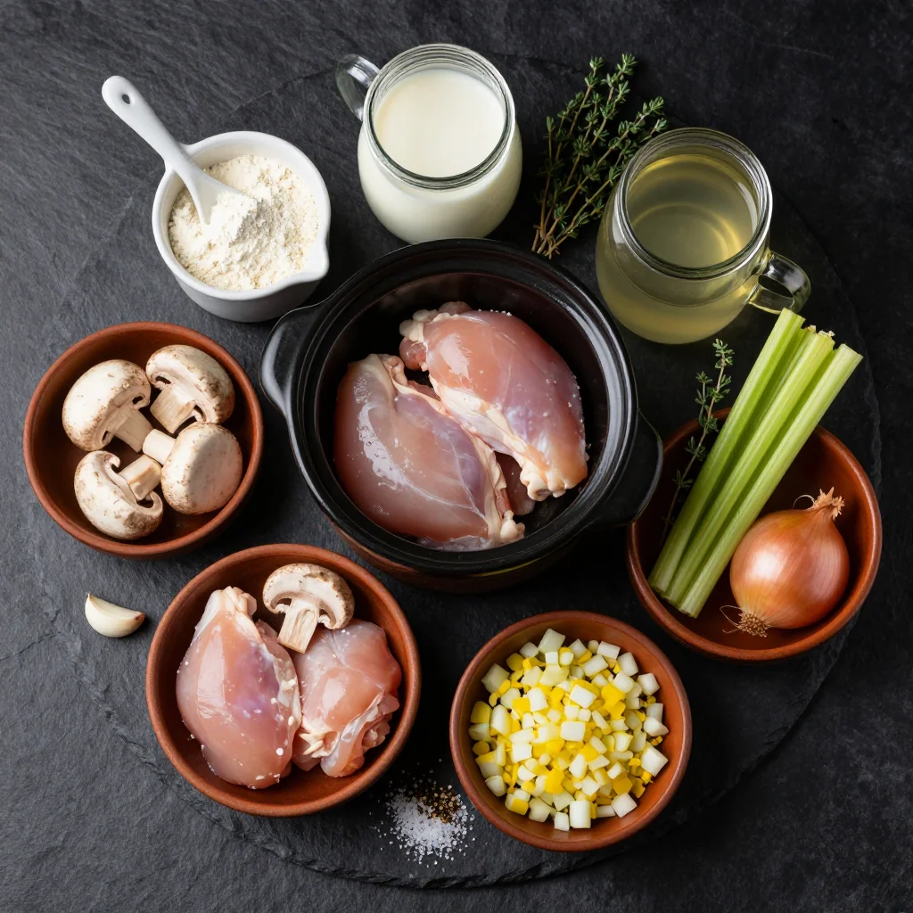 High-protein chicken-mushroom stew ingredients arranged on a wooden board
