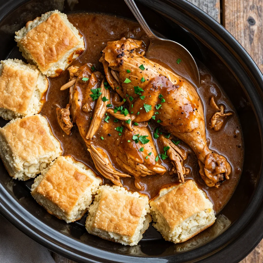 Easy Slow Cooker Chicken and Gravy with Biscuits and Gravy