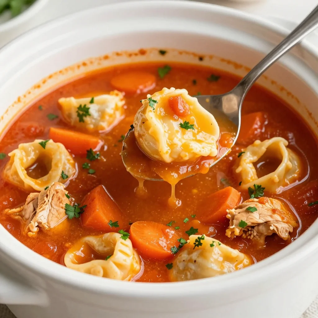 Kid Friendly Cheesy Chicken Tortellini Soup in Slow Cooker