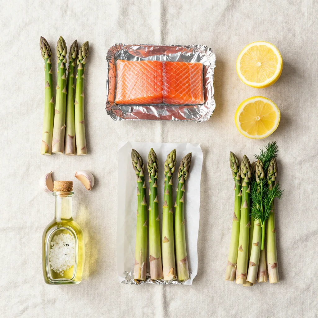 All ingredients laid out for Salmon with Asparagus Foil Packets