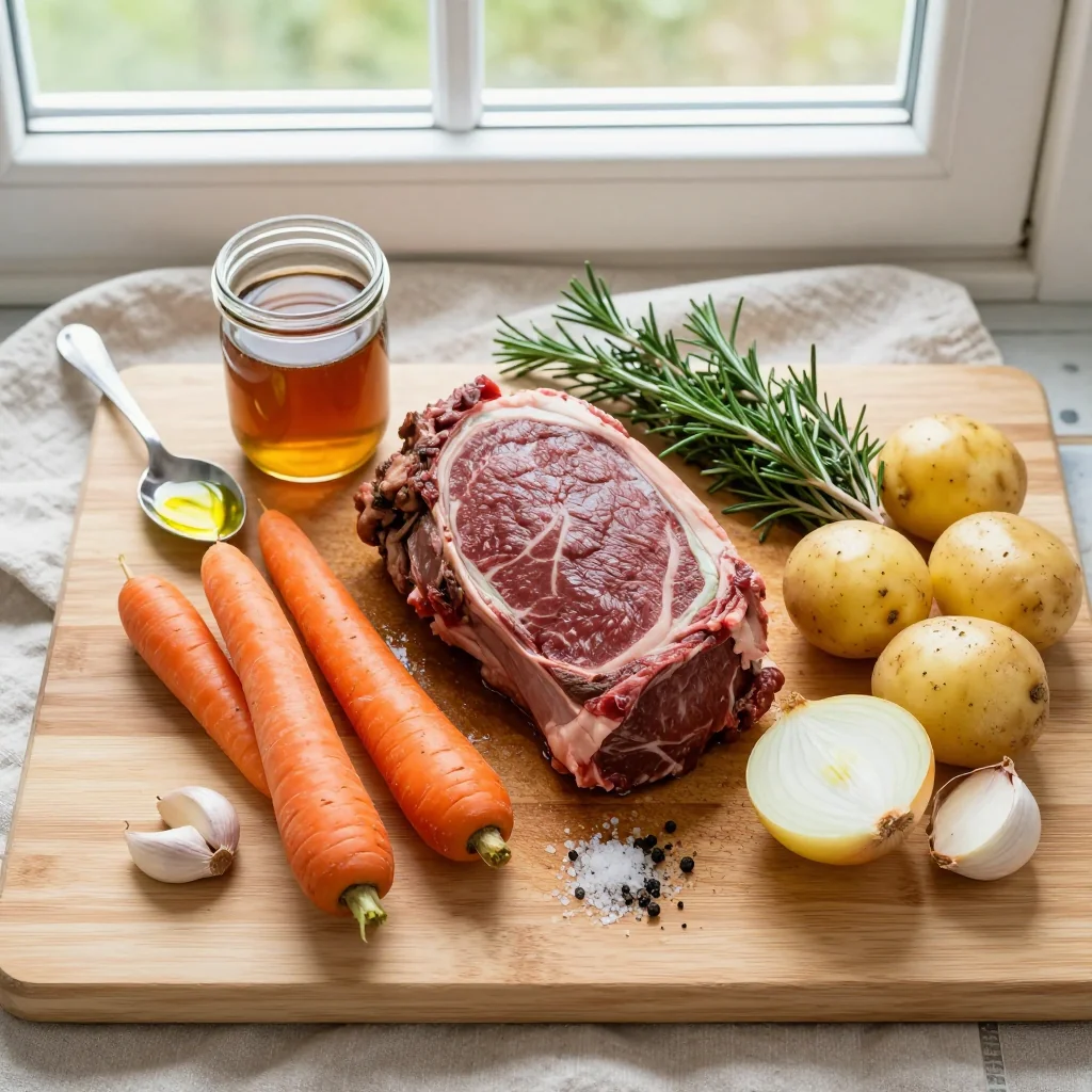 All ingredients laid out for Slow Cooker Pot Roast with Carrots and Potatoes