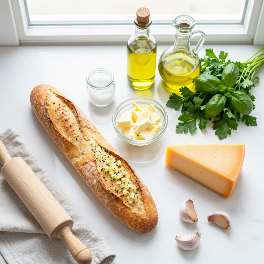All ingredients laid out for Garlic Bread with Cheese and Herbs