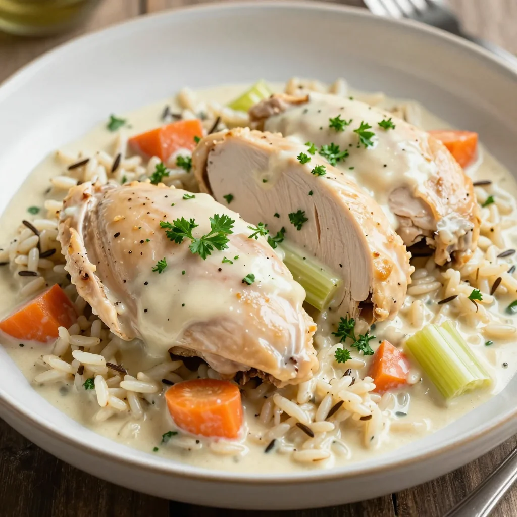 High Protein Slow Cooker Creamy Chicken and Wild Rice