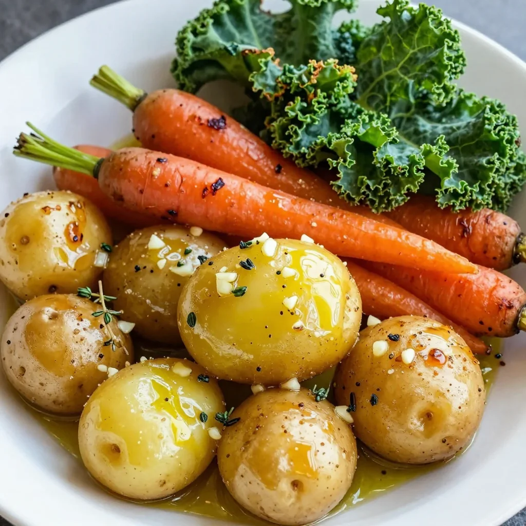 warm garlic roasted potatoes with kale and roasted root vegetables