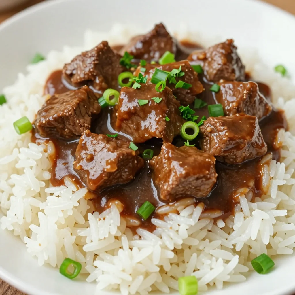 Slow Cooker Beef Tips And Gravy Over Rice