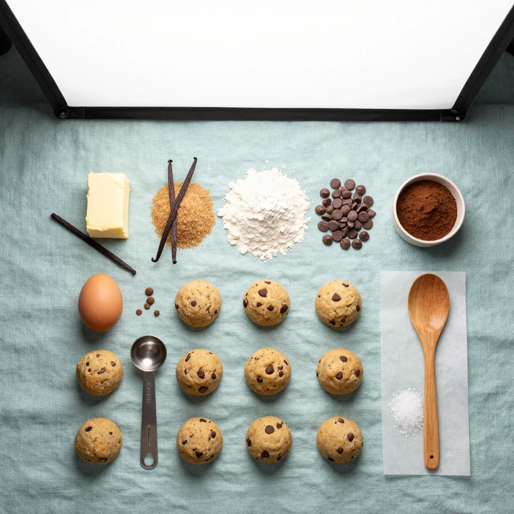All ingredients for Chocolate Chip Cookie Dough Truffles arranged on a wooden board