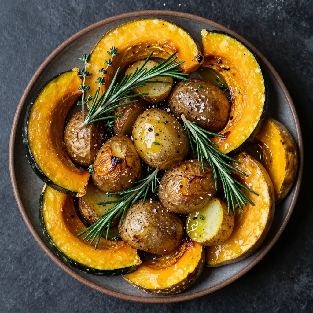 easy meal prep roasted winter squash and potatoes with fresh herbs