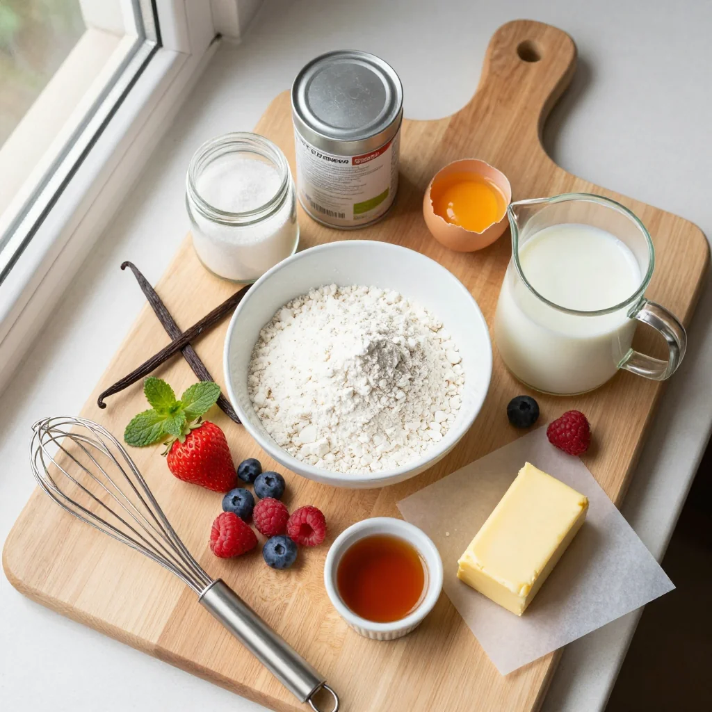 All ingredients for Fluffy Japanese Soufflé Pancakes with Fresh Berries