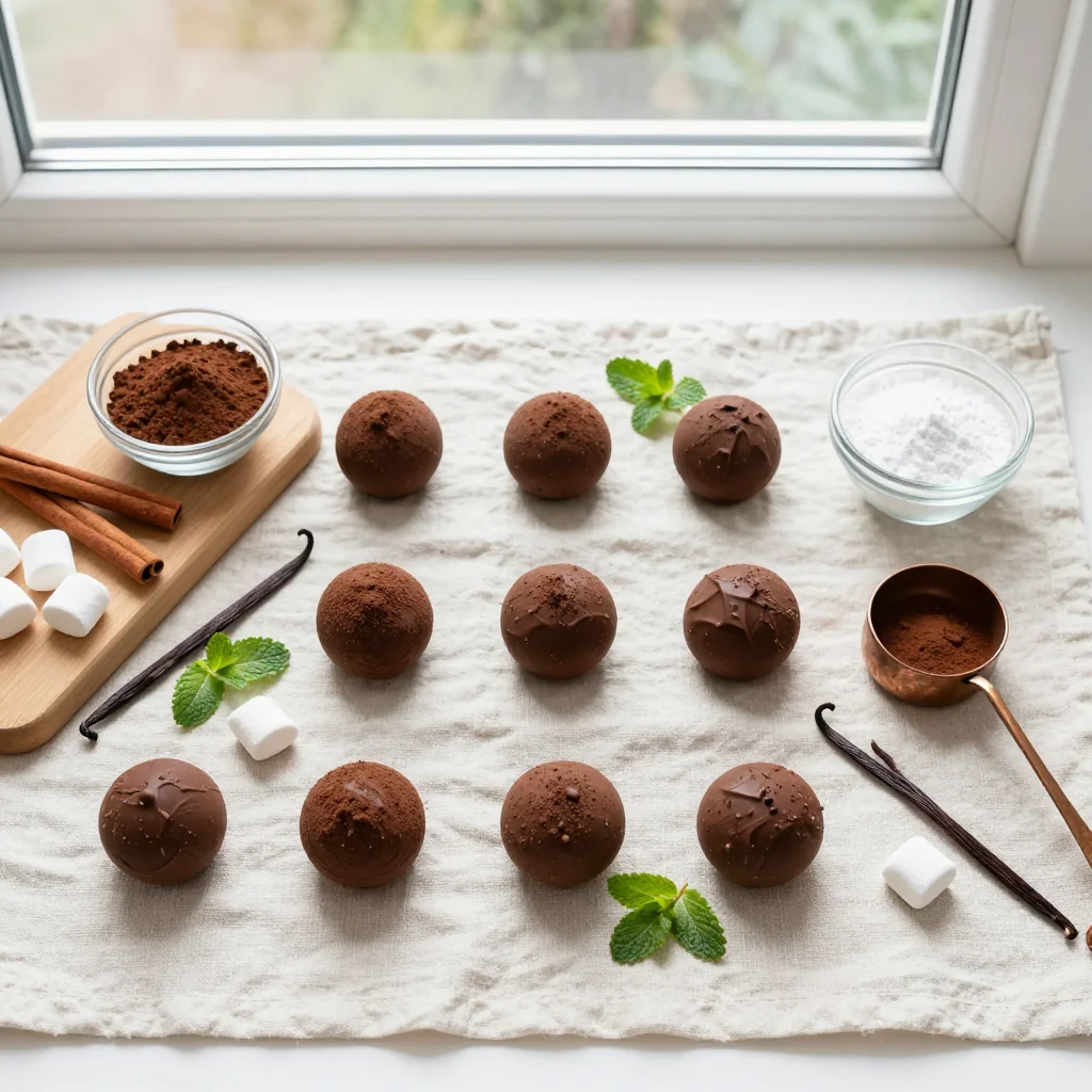 All ingredients for Hot Chocolate Bombs neatly arranged on a wooden board