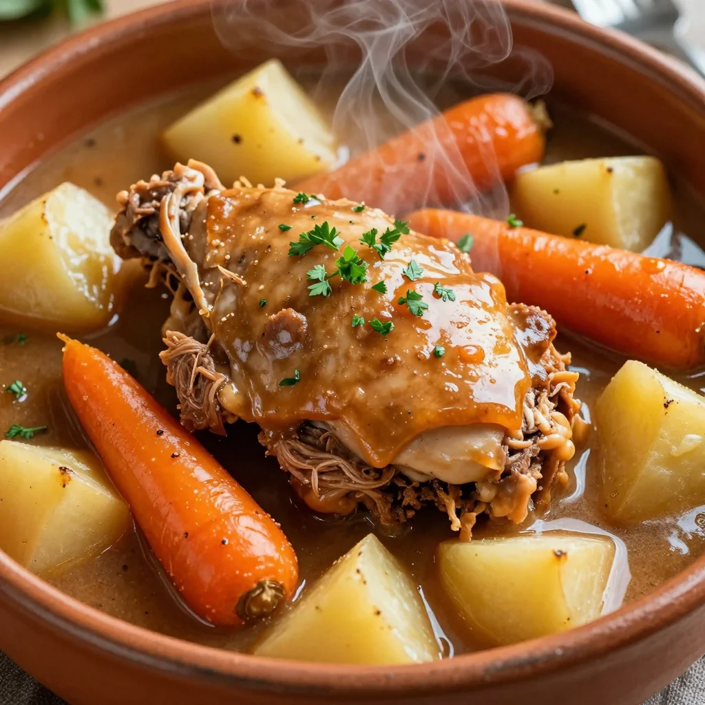 batch cooked slow cooker chicken stew with potatoes and carrots