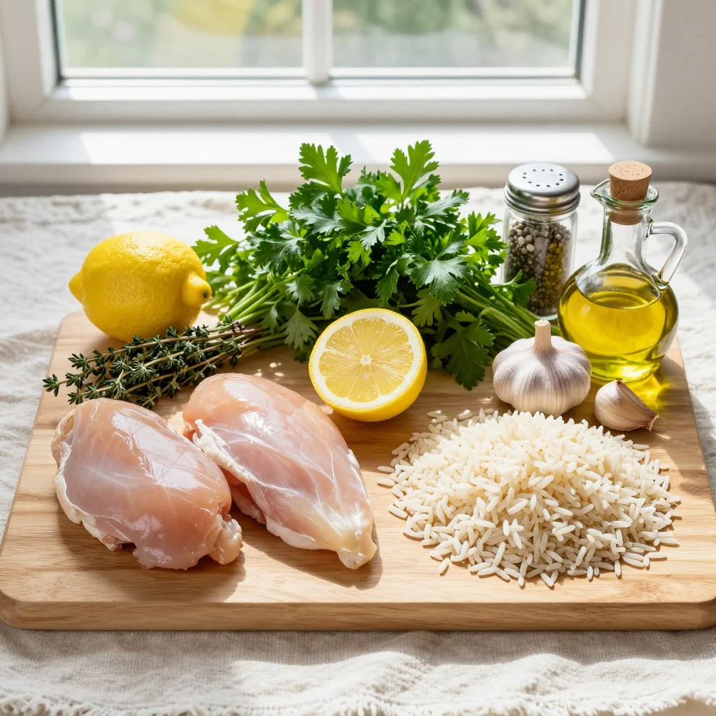 All ingredients for Easy One Pot Lemon Herb Chicken and Rice
