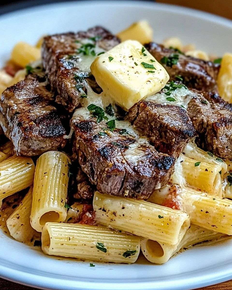 Garlic Butter Steak Tips with Cheesy Rigatoni