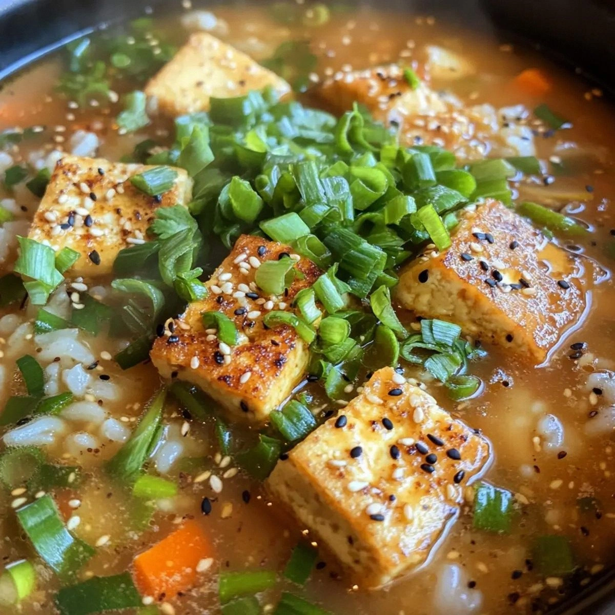 Ginger Miso Brothy Soup with Crispy Shredded Sesame Tofu Bliss