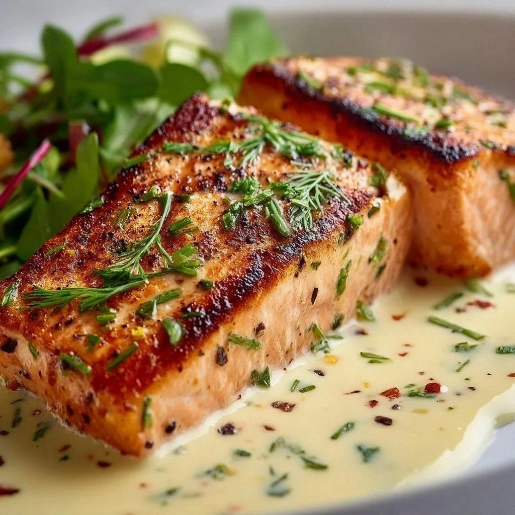 Grilled Salmon with Creamy Dij