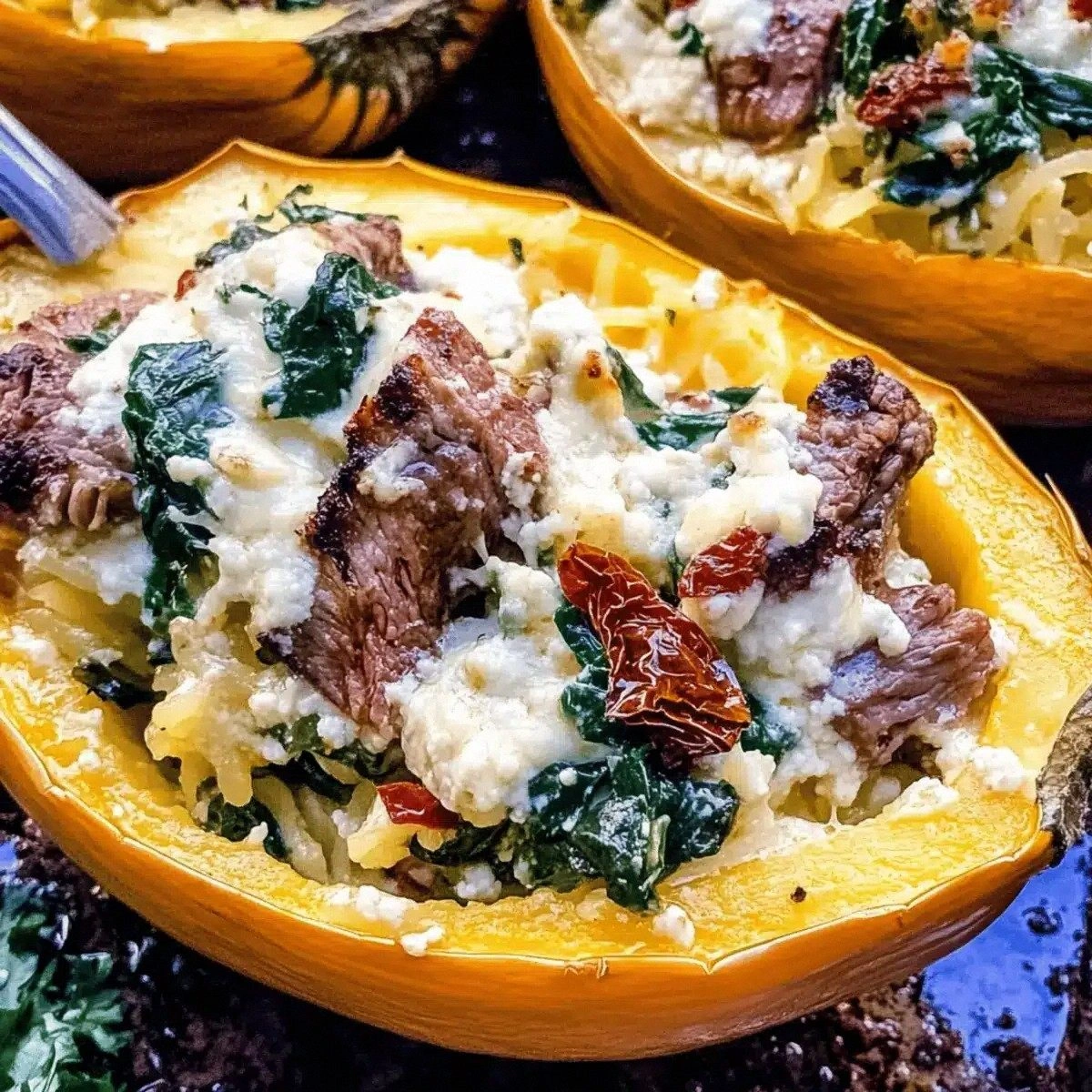 Keto Low Carb Steak Gorgonzola Alfredo Spaghetti Squash Bliss
