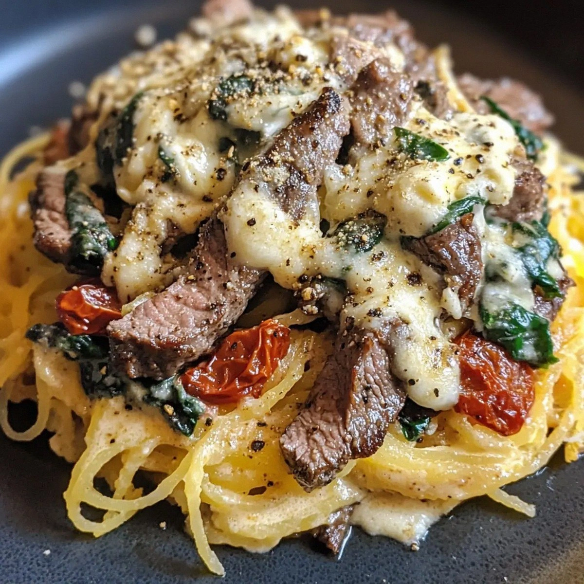 Keto Low Carb Steak Gorgonzola Alfredo Spaghetti Squash Delight