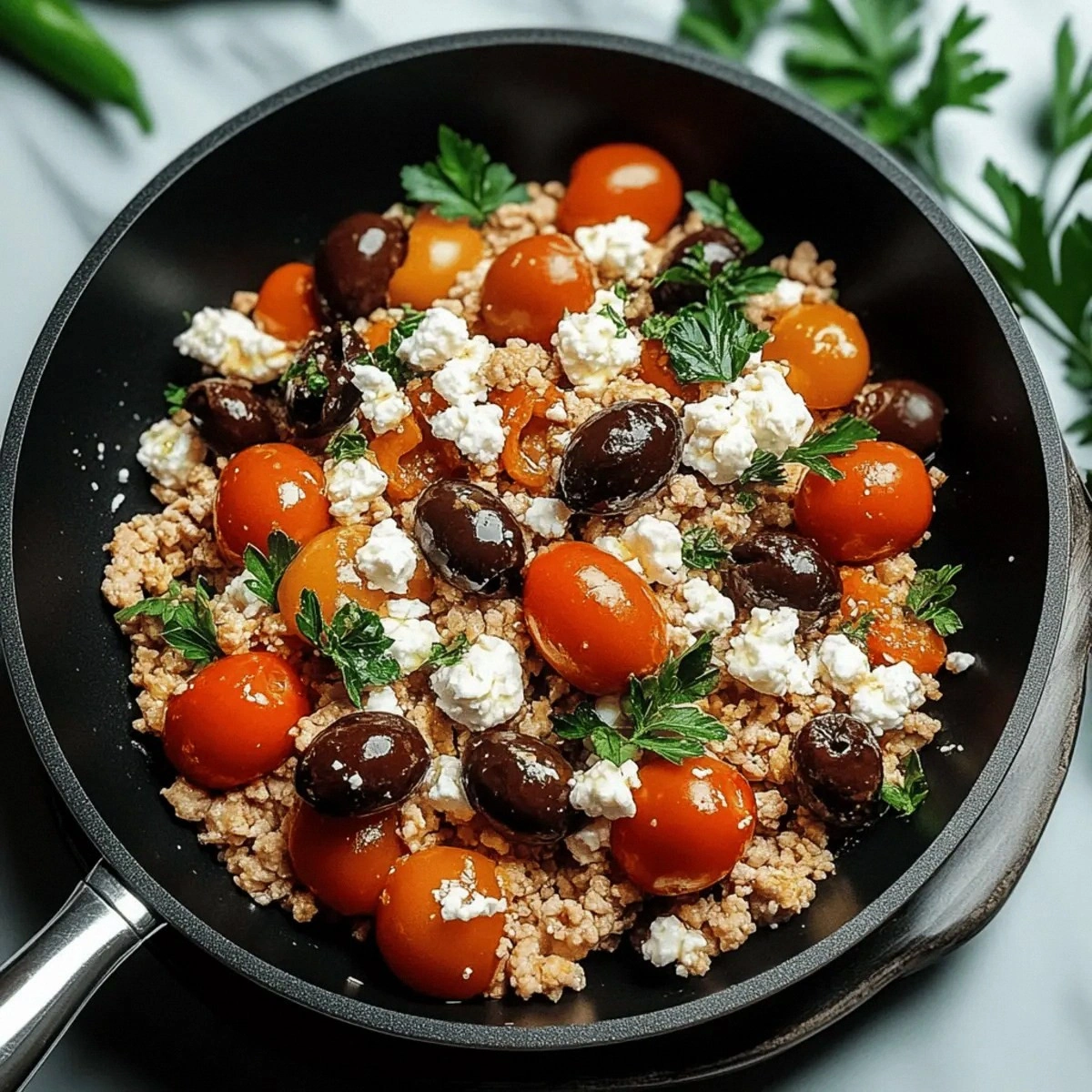 Mediterranean Keto Ground Chicken Skillet with Olives and Feta Delight