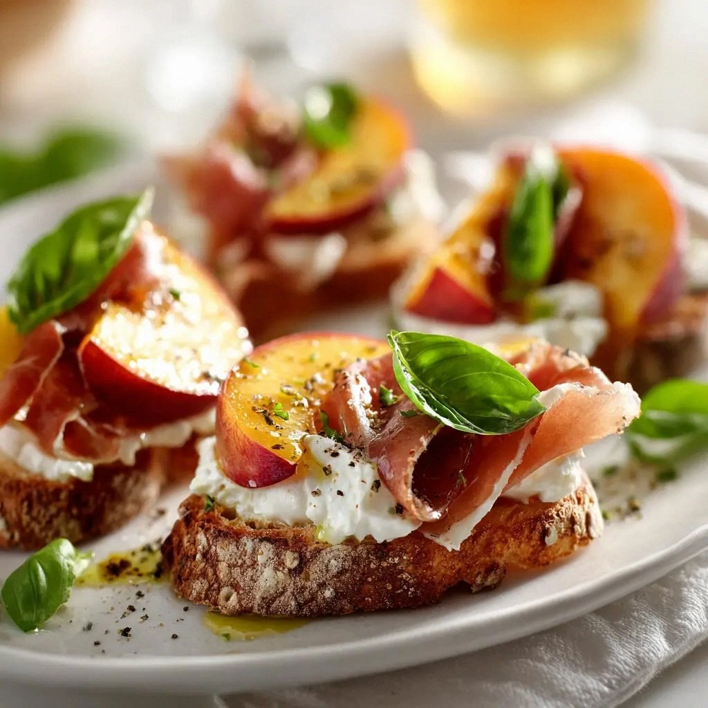Peach Burrata Crostini with Ba