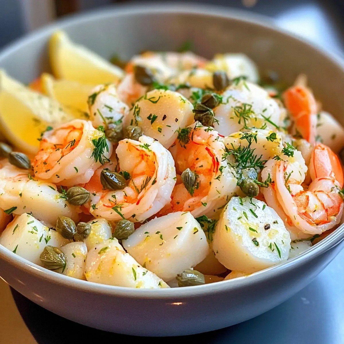 Poached Seafood Salad with Lemon Dill Sauce: A Fresh Delight
