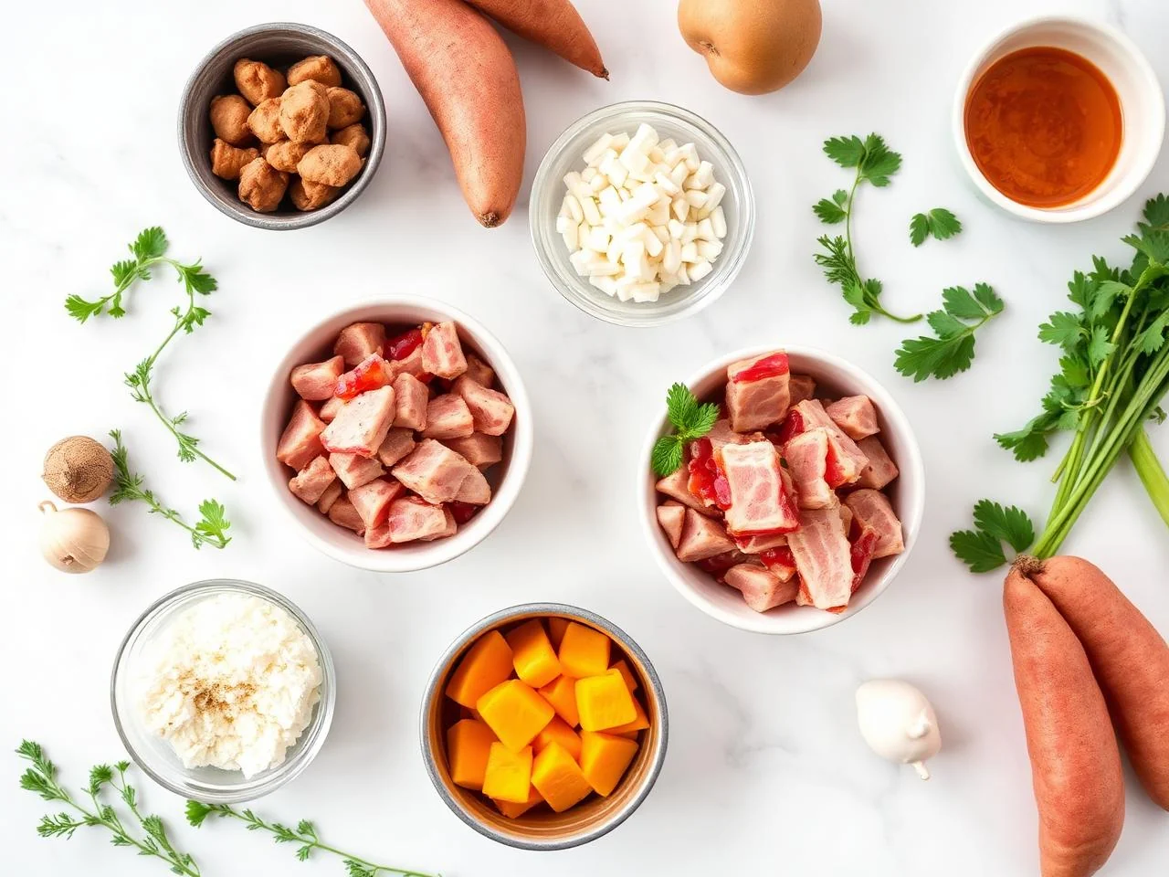 Ingredients for Pork And Bacon Skillet With Sweet Potatoes