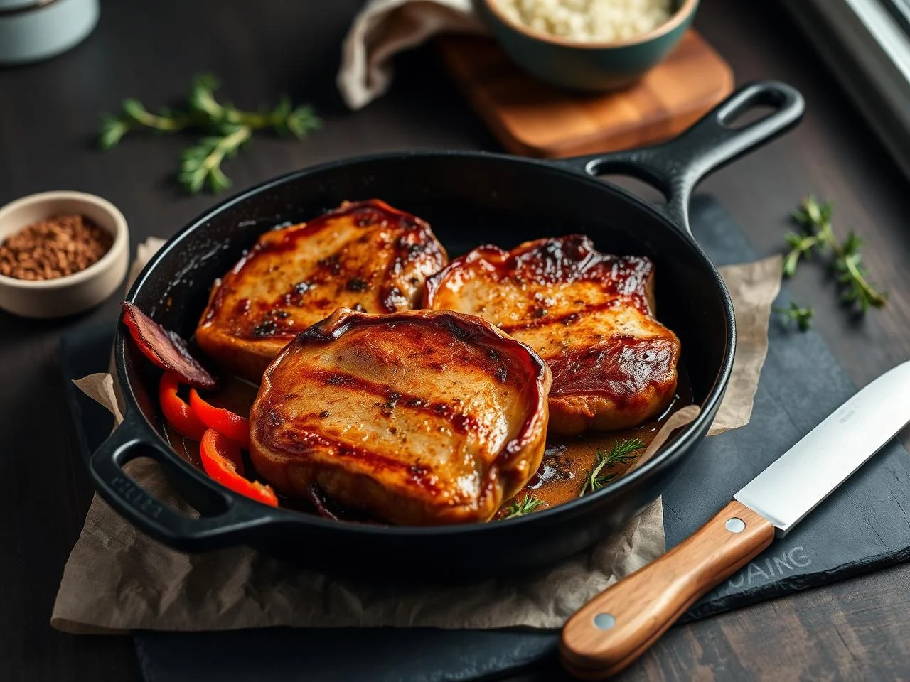 Pork Chops And Bacon Skillet With Peppers