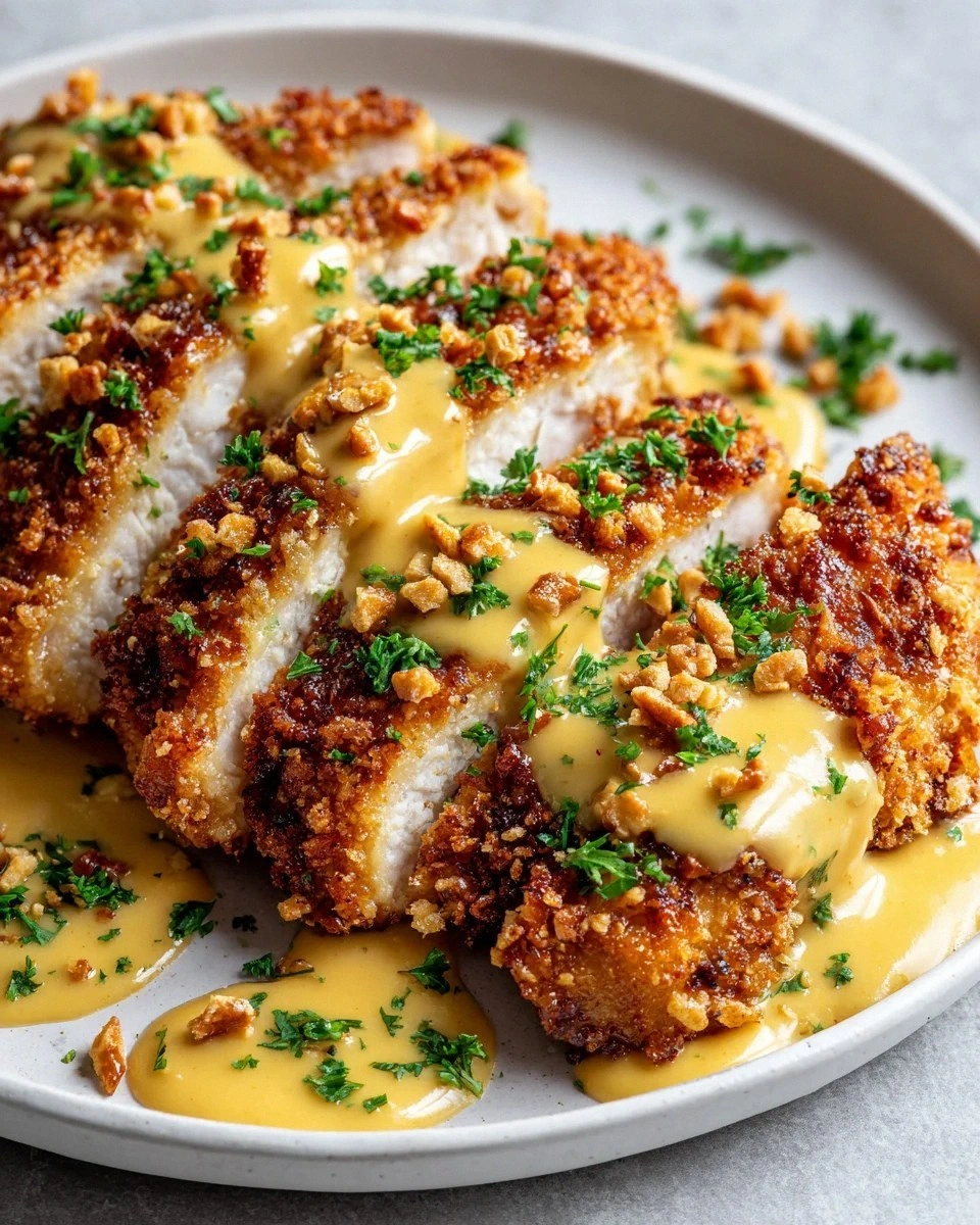 Pretzel Crusted Chicken with Cheddar Mustard Sauce Recipe