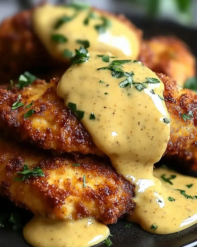 Pretzel-Crusted Chicken with Mustard Cheddar Sauce is Delicious!