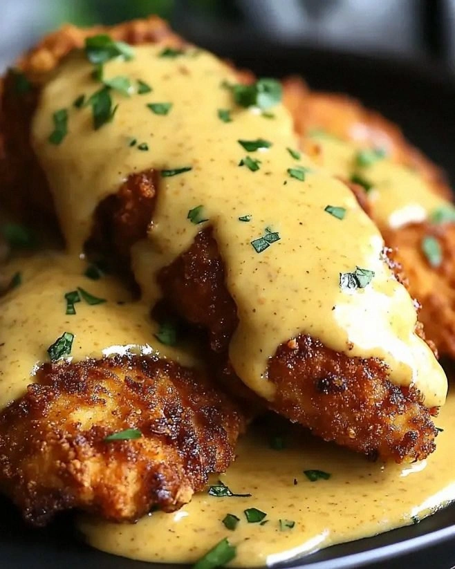 Pretzel-Crusted Chicken with Mustard Cheddar Sauce is Delicious!