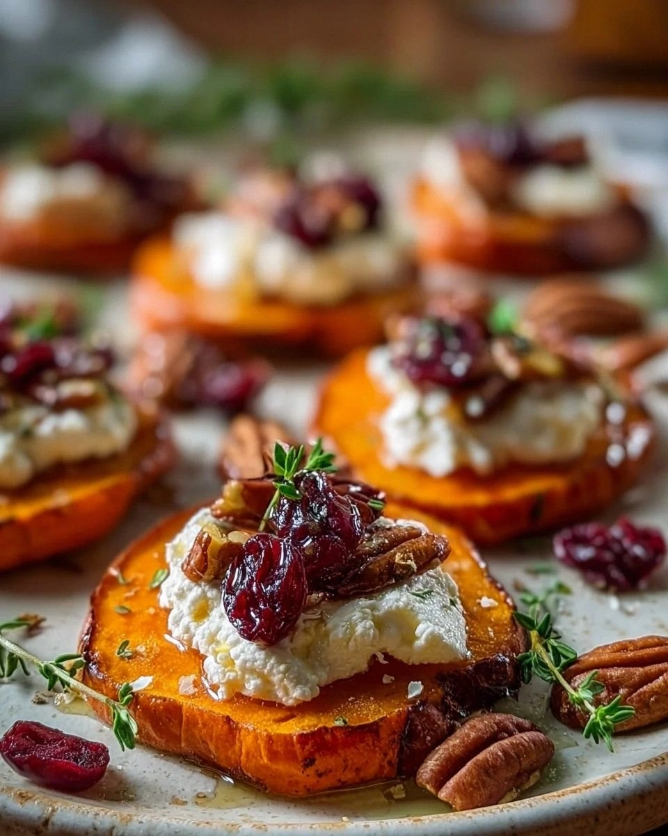 Roasted Sweet Potato Rounds with Whipped Goat Cheese, Cranberries & Pecans